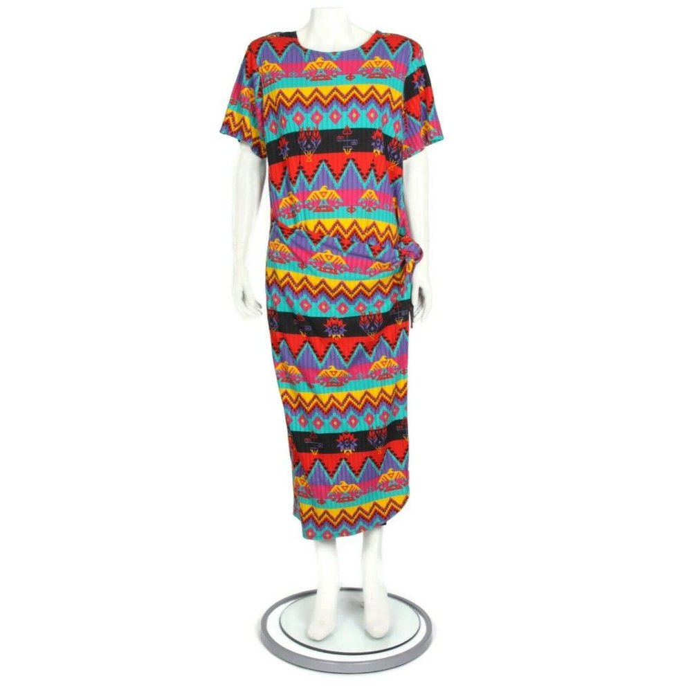 Vintage 90's Rainbow Aztec Tribal Wrap Maxi Short Padded Sleeve Dress sz 16 /961
